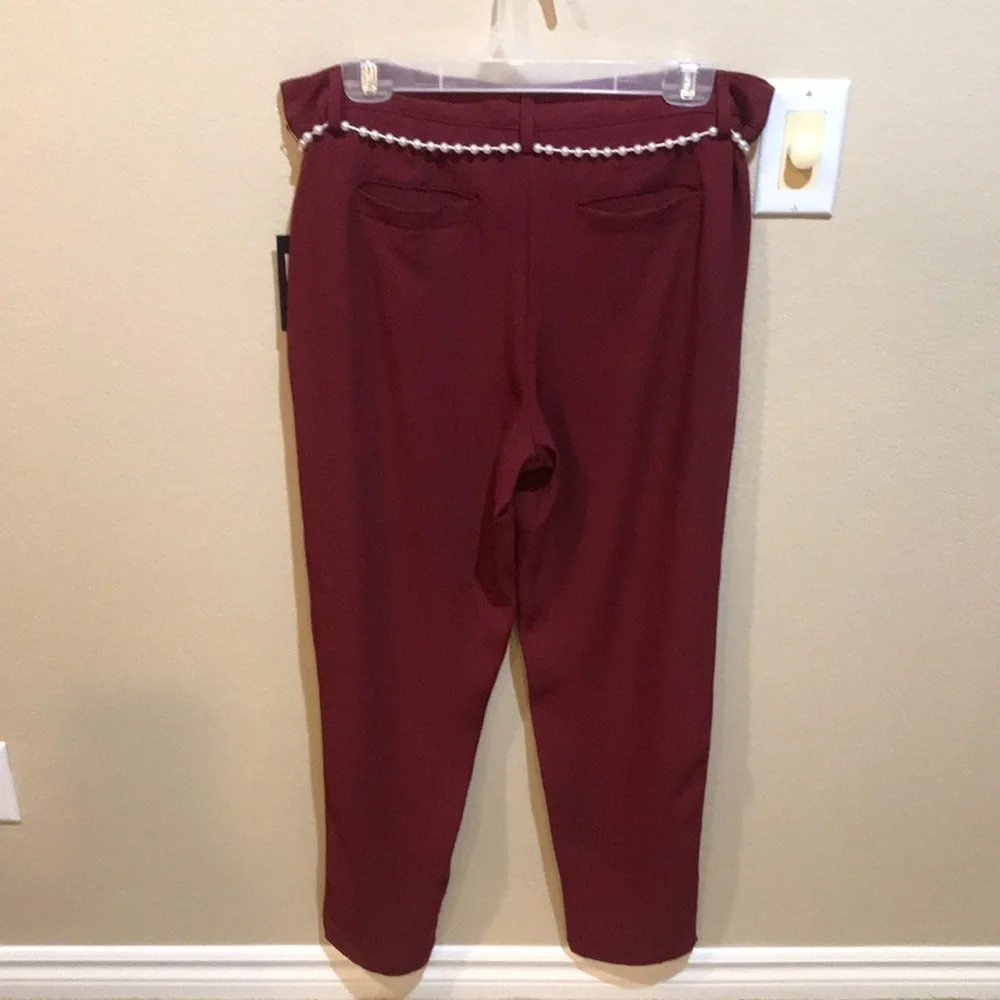 NWT Nicole Miller Cabernet Dress Pants w/Pockets Faux Pearl Belt Sparkle Bow-10